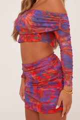 Multi Abstract Print Bardot Crop Top & Ruched Mini Skirt Co-ord Set - Payton