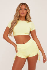 Yellow Tie Back Crop Top & Ruched Side Shorts Co-ord Set - Gianna