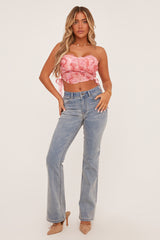 Pink Rosette Detail Lace Up Corset Top - Joleen