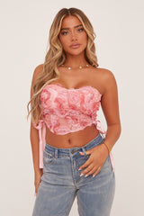 Pink Rosette Detail Lace Up Corset Top - Joleen