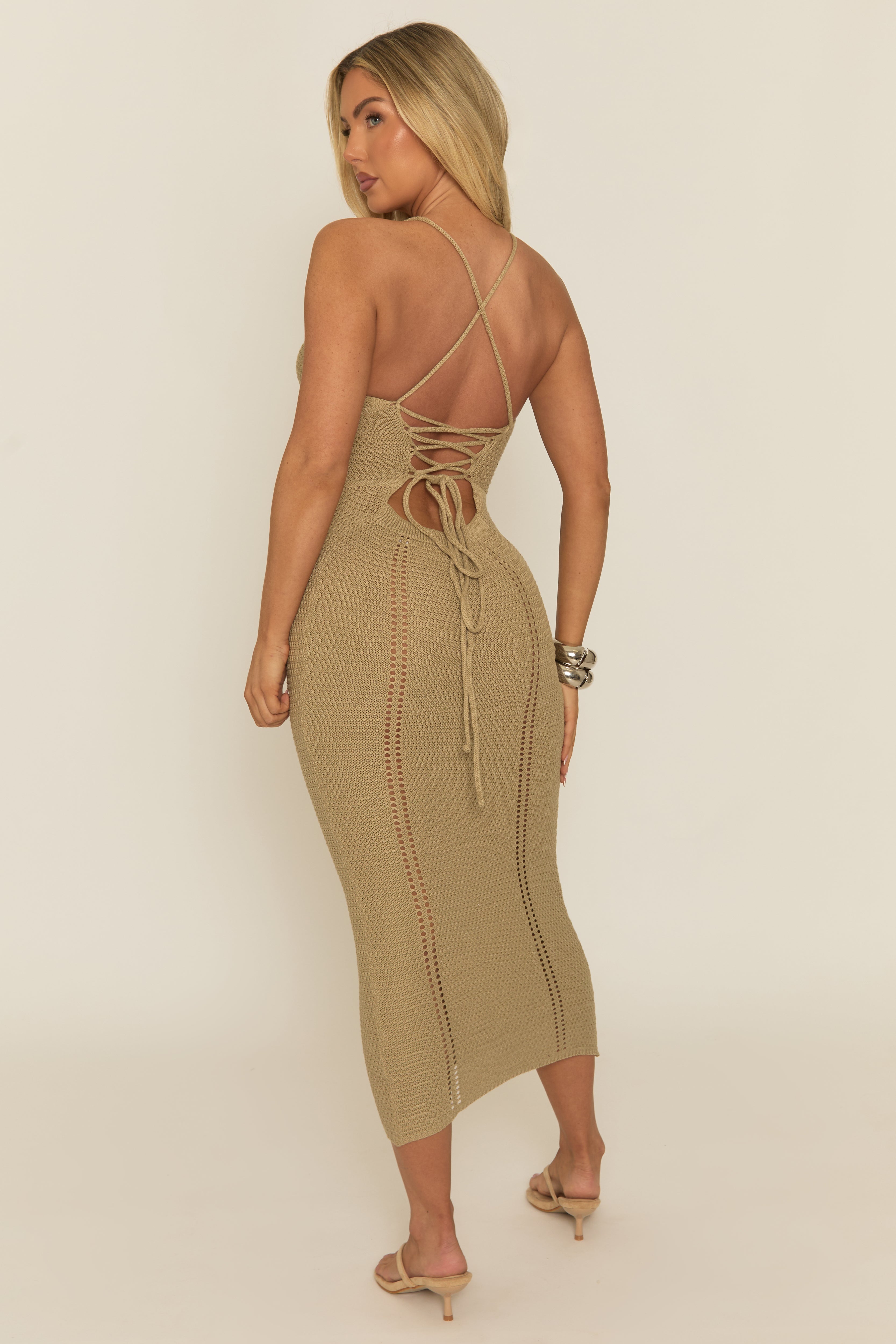 Beige Crochet Corset Detail Midaxi Dress | Dresses