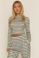 Cream Striped Jersey Top and Trouser Loungewear Co-ord Set - Arlene