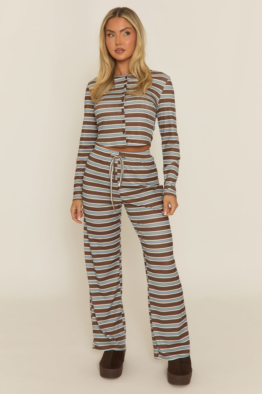 Brown Button Down Rib Loungewear Co-ord Set - Ariee