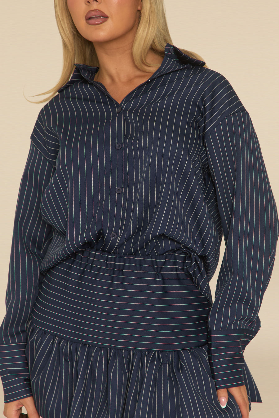 Navy Pinstripe Shirt and Puffball Skirt Co-ord Set - Hollia