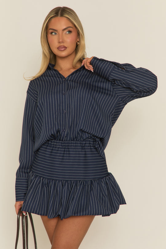Navy Pinstripe Shirt and Puffball Skirt Co-ord Set - Hollia