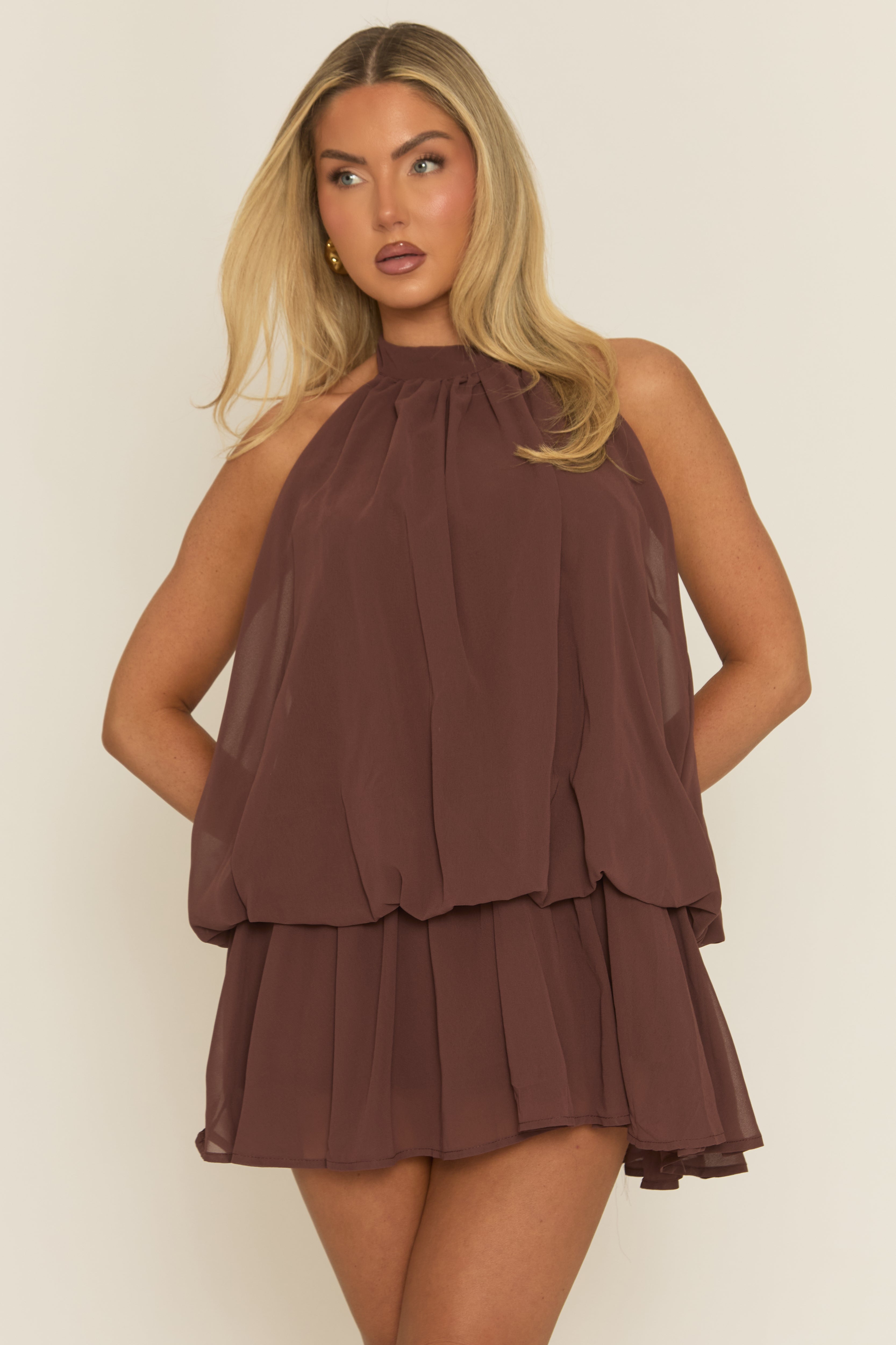 ruffled cut-out halterneck mini dress in chestnut brown CHIMERE, Ruffled Cut-Out Halterneck Mini Dress