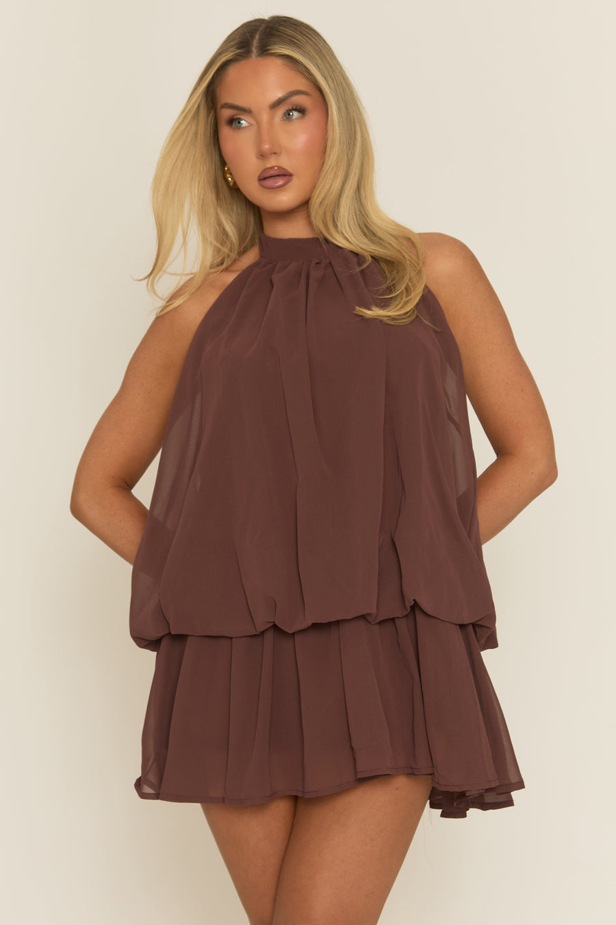 Brown Halterneck Blouson Mini Dress - Angelika