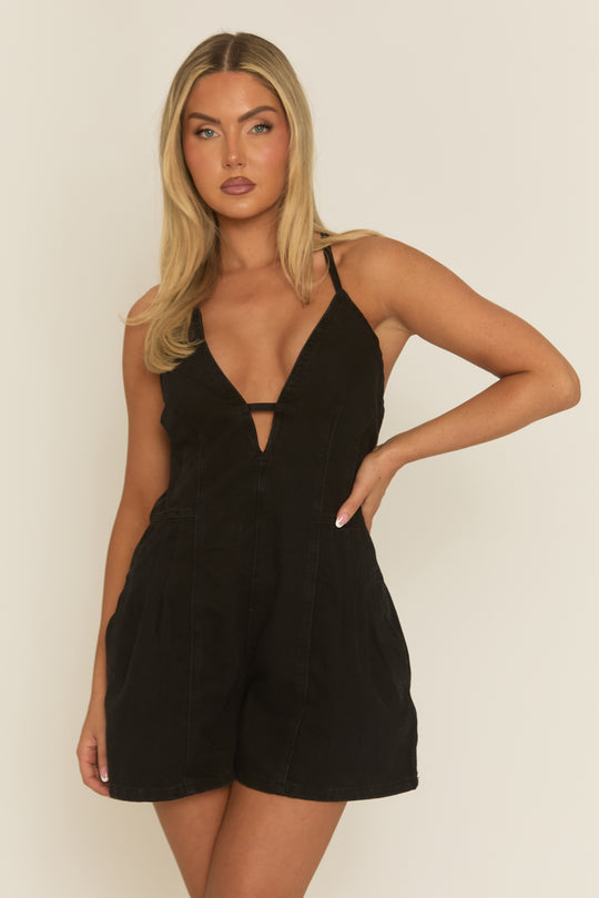 Black Denim Flippy Playsuit - Kelvin