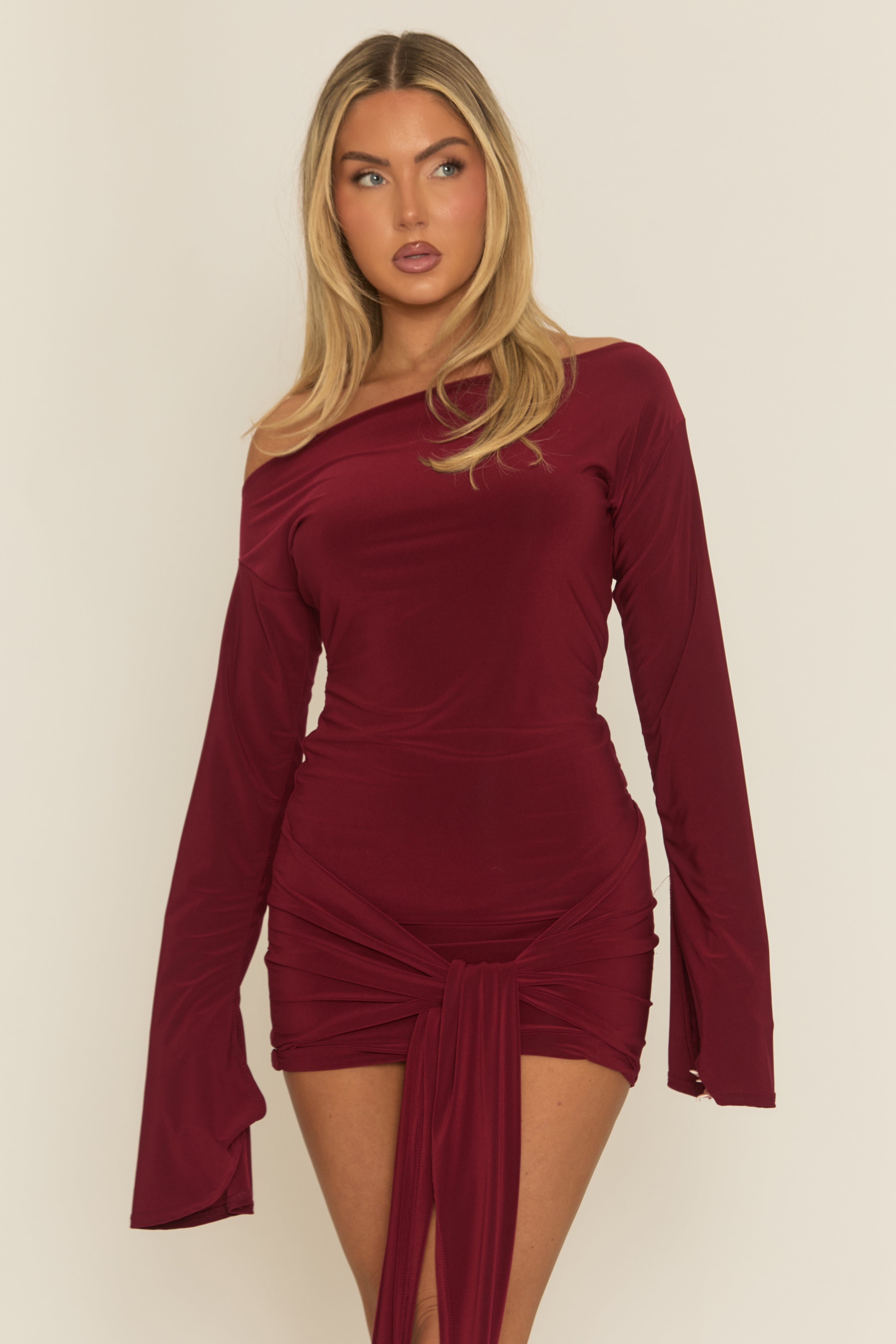Burgundy Long Flared Sleeves Drape Detail Bodycon Mini Dress | Dress | Rebellious Fashion Burgundy Long Flared Sleeves Drape Detail Bodycon Mini Dress | Dress | Rebellious Fashion