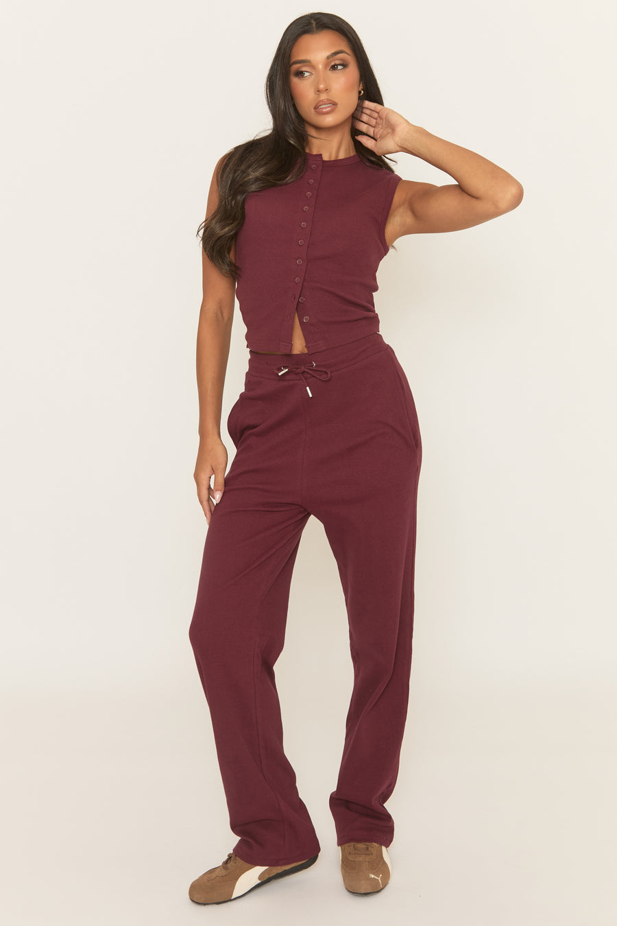 Wine Button Front Top and Trouser Loungewear Co-ord Set - Caitlen