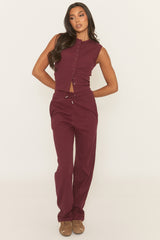 Wine Button Front Top and Trouser Loungewear Set - Caitlen
