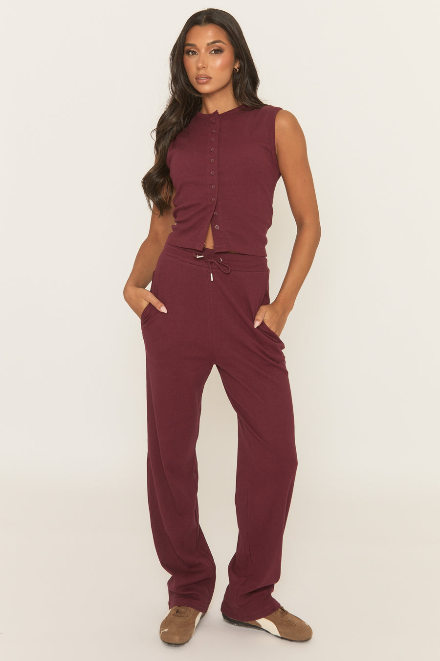 Wine Button Front Top and Trouser Loungewear Co-ord Set - Caitlen