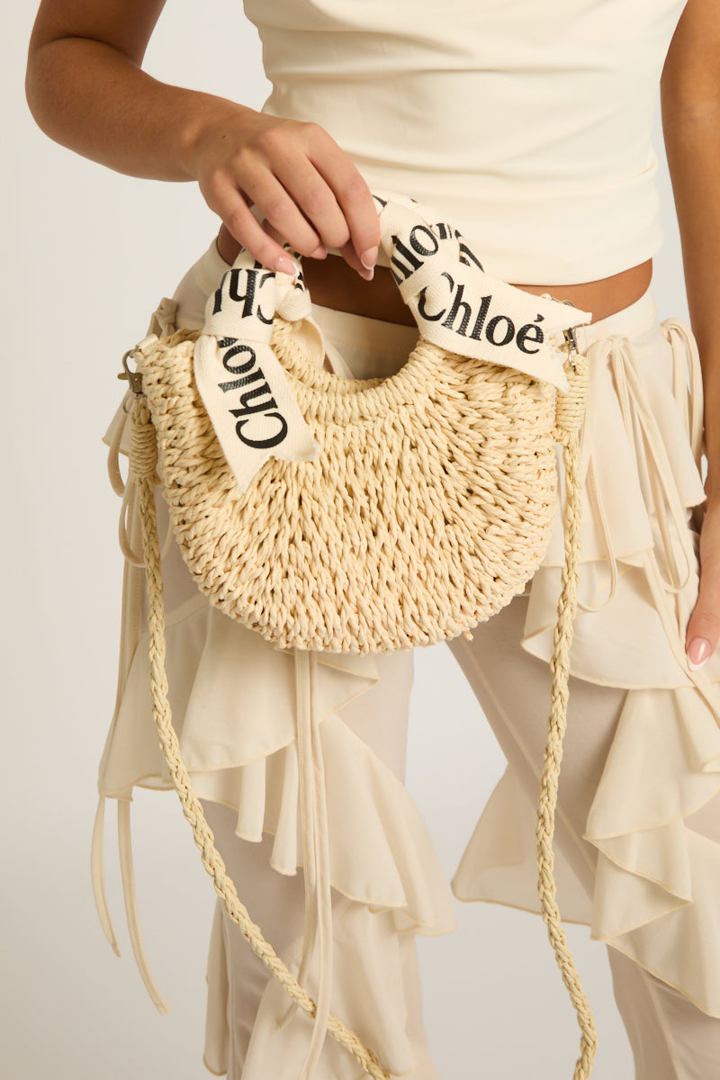 Beige Logo Detail Woven Handbag - Julia
