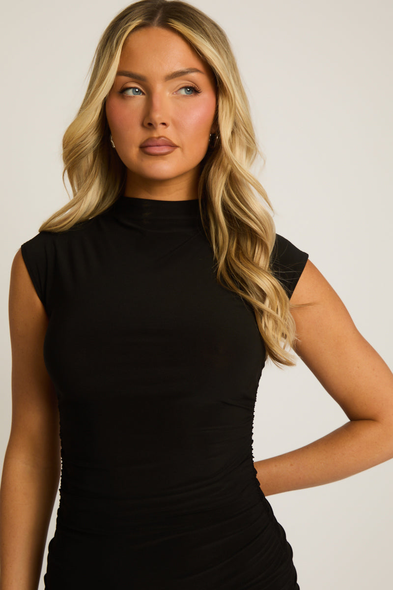 Black Gathered Lace Trim Mini Dress - Nikita