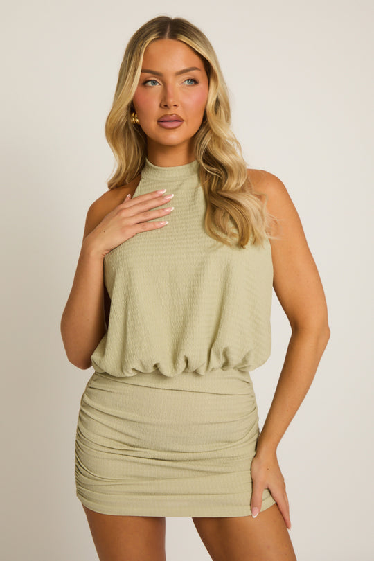 Sage Textured Halter Blouson Mini Dress - Cardy