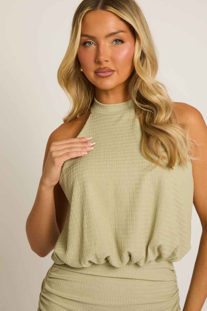 Sage Textured Halter Blouson Mini Dress - Cardy