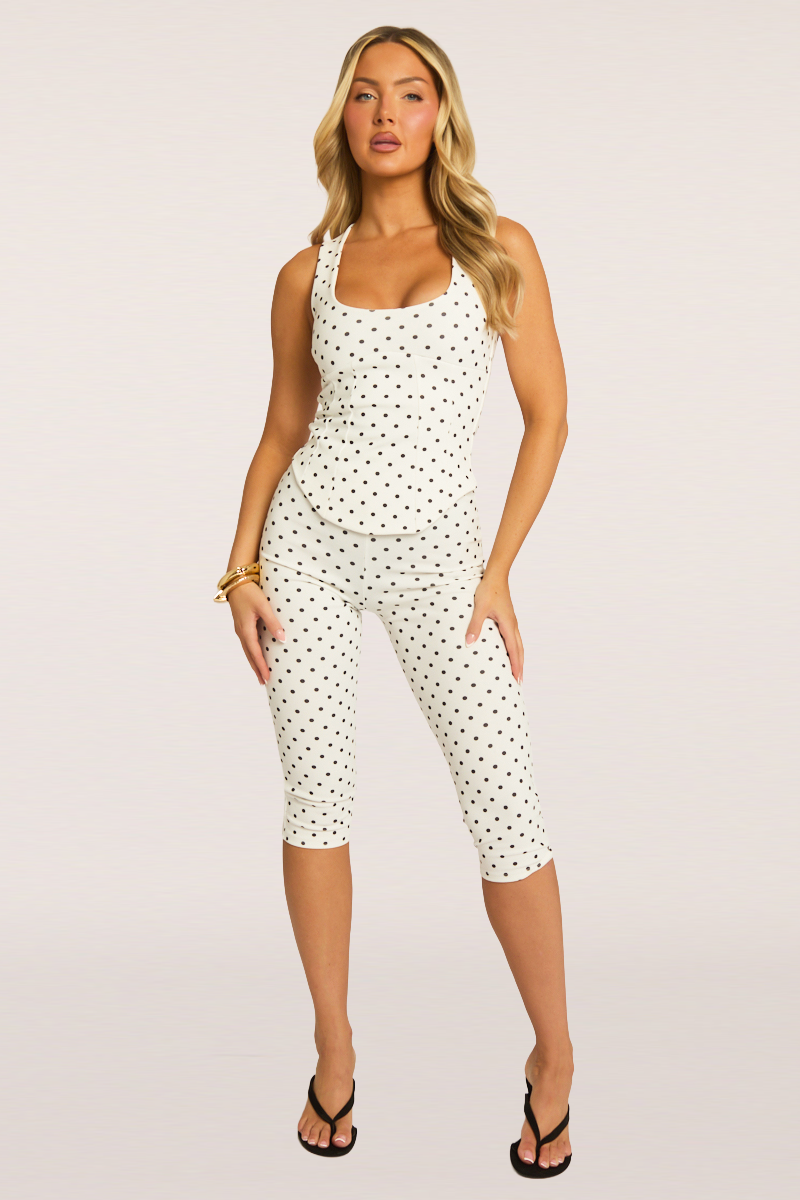 White Polka Dot Corset Top and Capri Pant Co-ord Set - Nikola