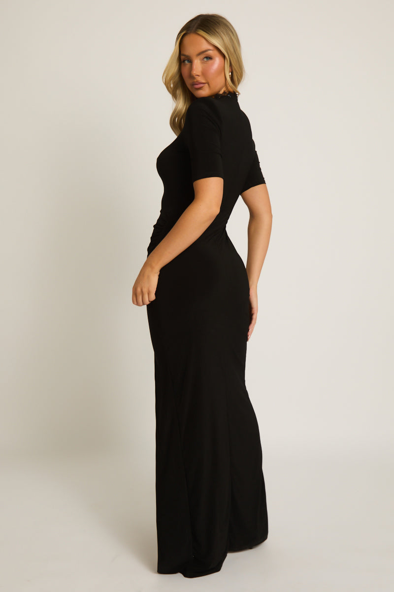 Black Split Front Shoulder Pad Maxi Dress - Neve