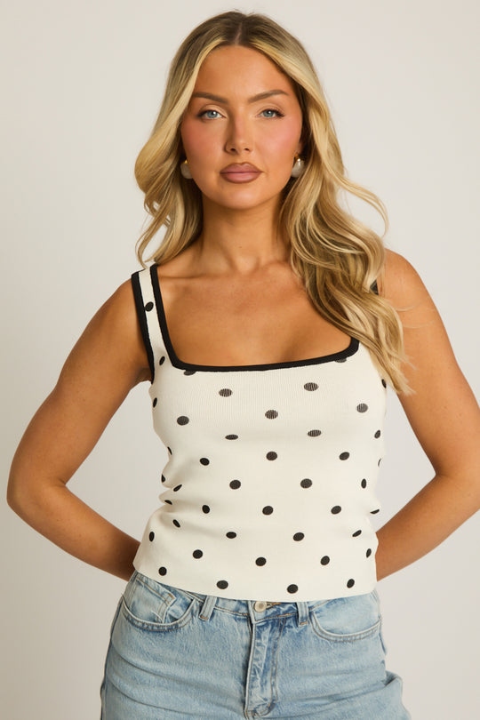 White Contrast Polka Vest Top - Yuri