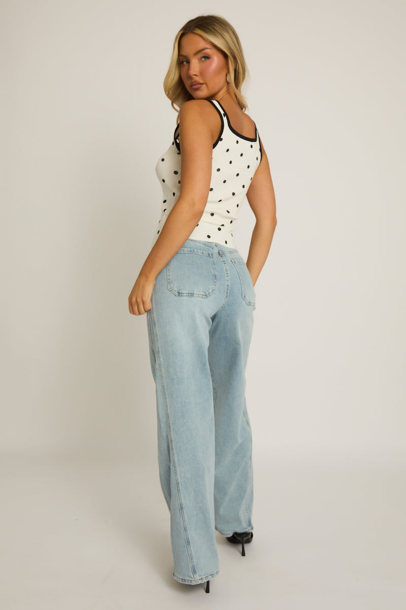 White Contrast Polka Vest Top - Yuri
