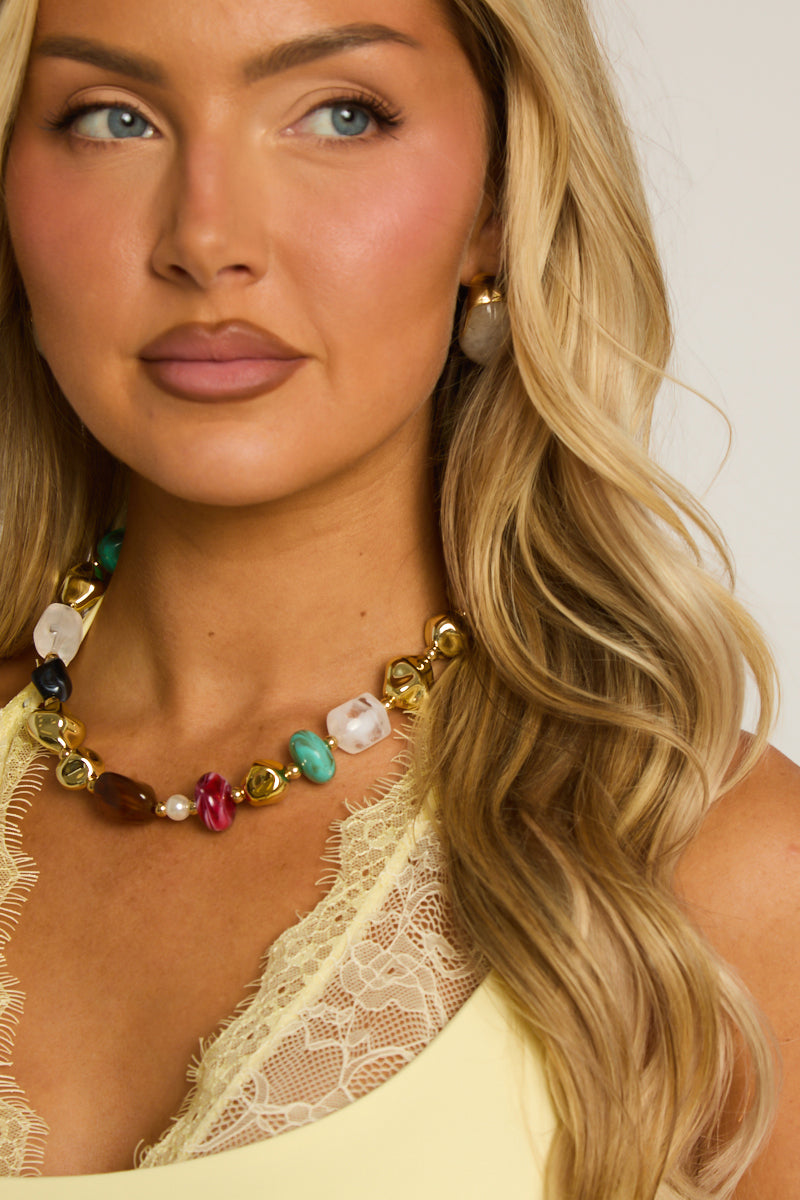 Gold Multi Bead Detail Necklace - Ellen