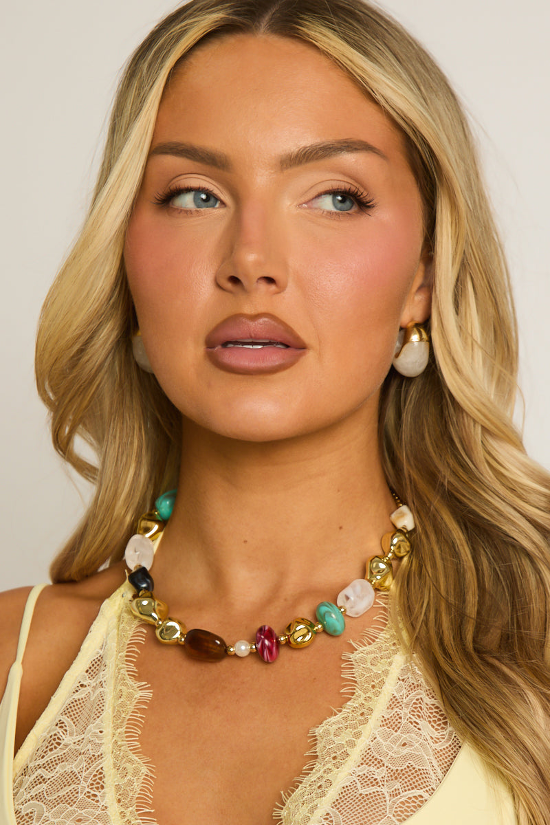 Gold Multi Bead Detail Necklace - Ellen
