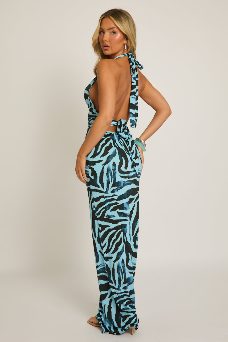 Blue Zebra Halterneck Tie Back Maxi Dress - Amalfie