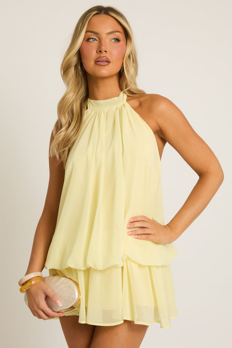 Yellow Halterneck Blouson Mini Dress - Angelika