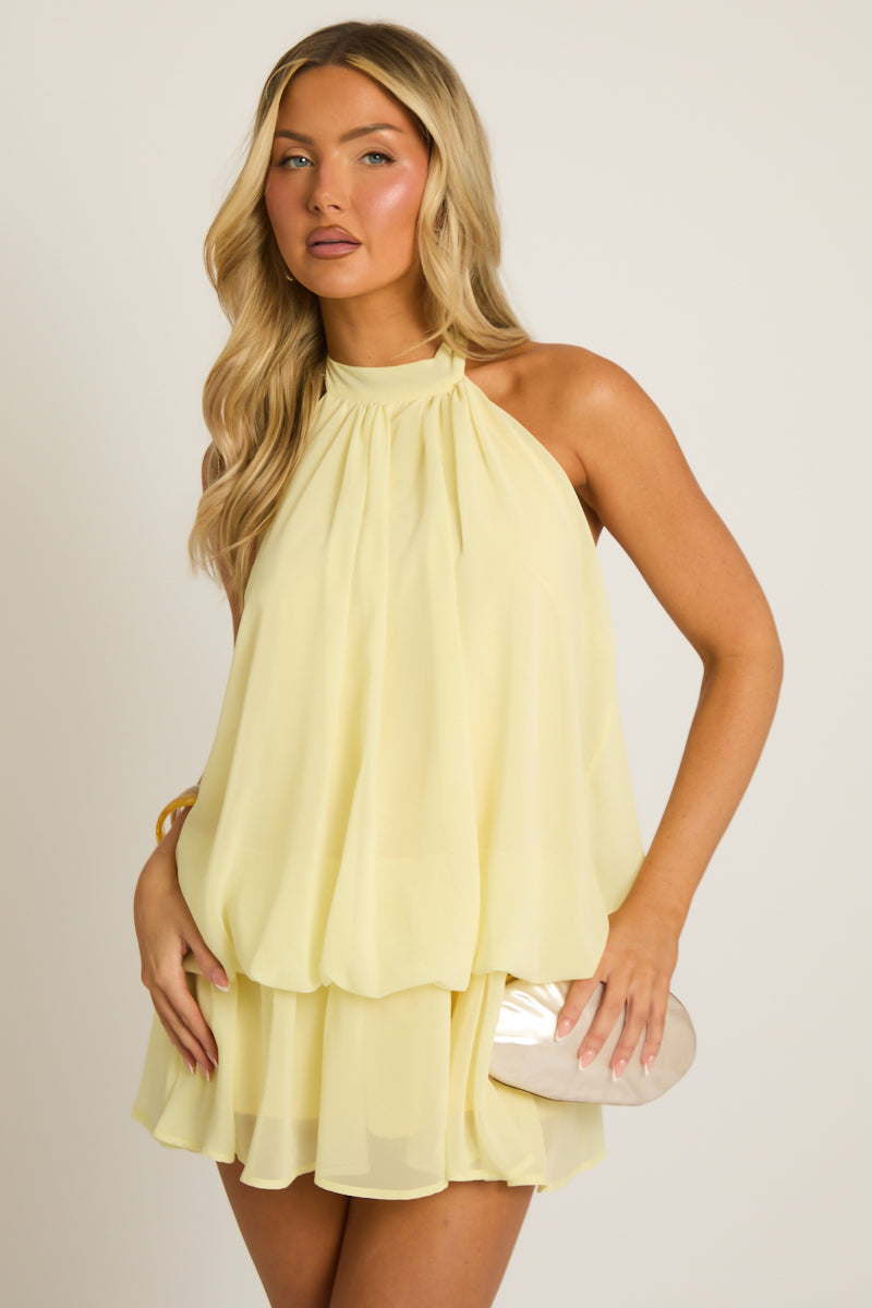 Yellow Halterneck Blouson Mini Dress - Angelika