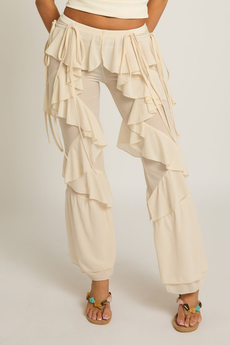 Beige Ruffle Tie Detail Mesh Trousers - Libby