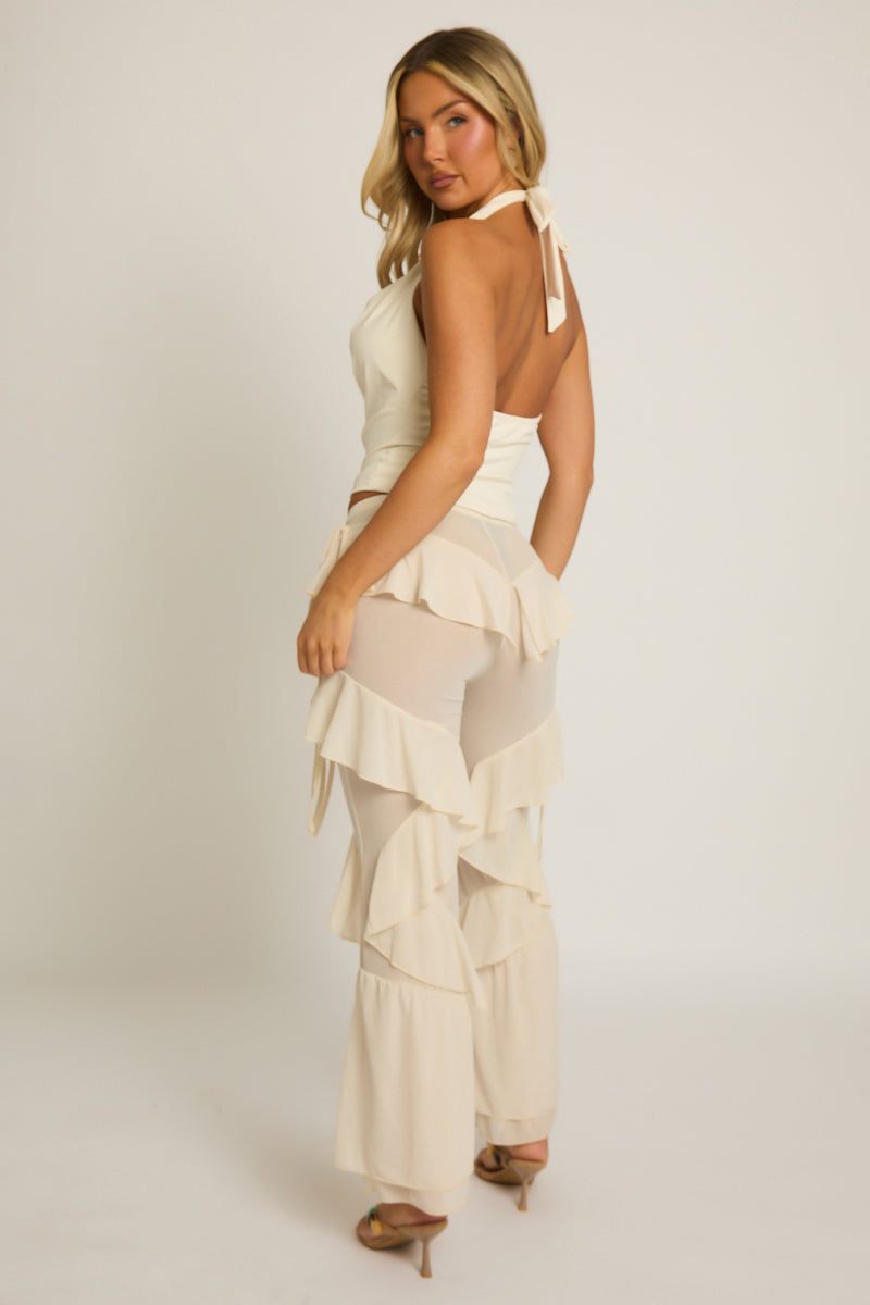 Beige Ruffle Tie Detail Mesh Trousers - Libby