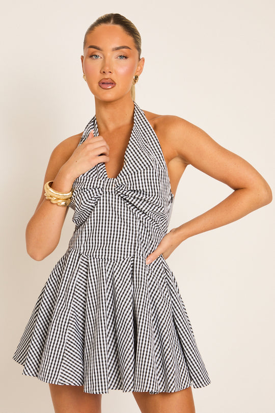 Black Gingham Pleated Skater Mini Dress - Chad