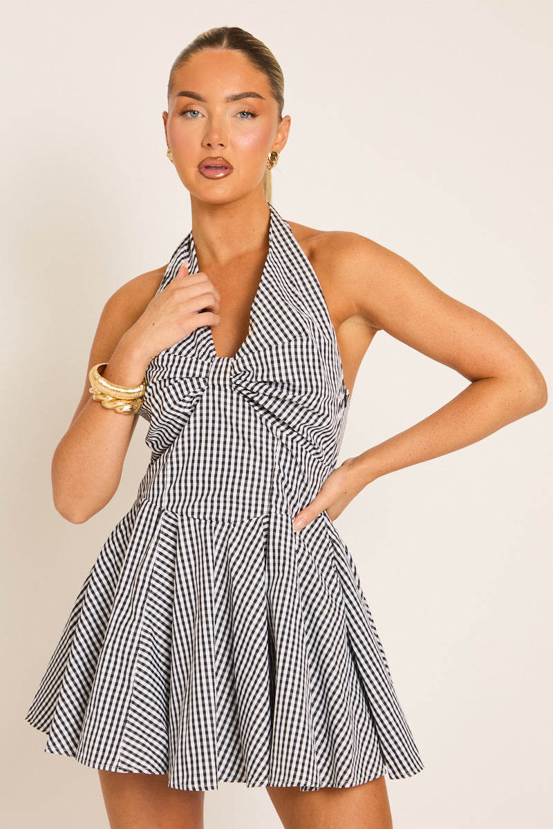 Black Gingham Pleated Skater Mini Dress - Chad
