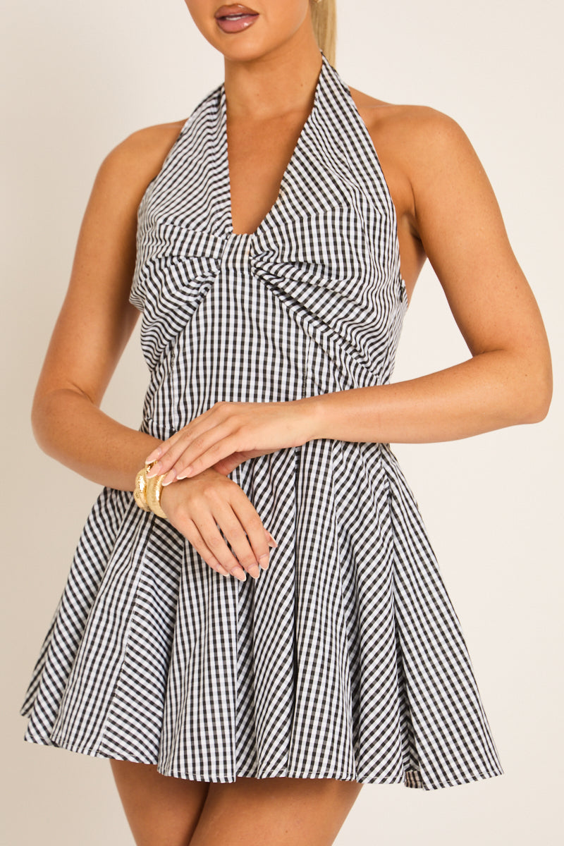 Black Gingham Pleated Skater Mini Dress - Chad