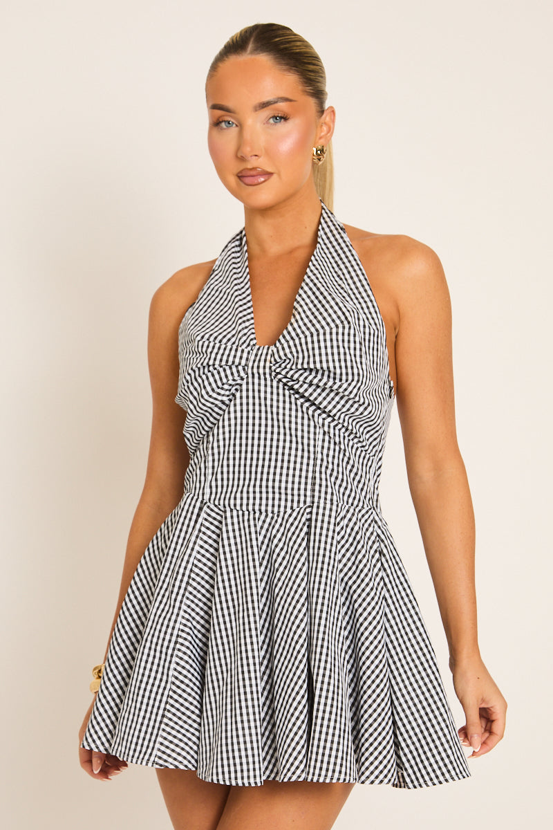Black Gingham Pleated Skater Mini Dress - Chad