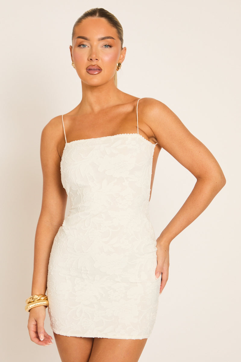 White Burnout Floral Low Back Mini Dress - Ellarae