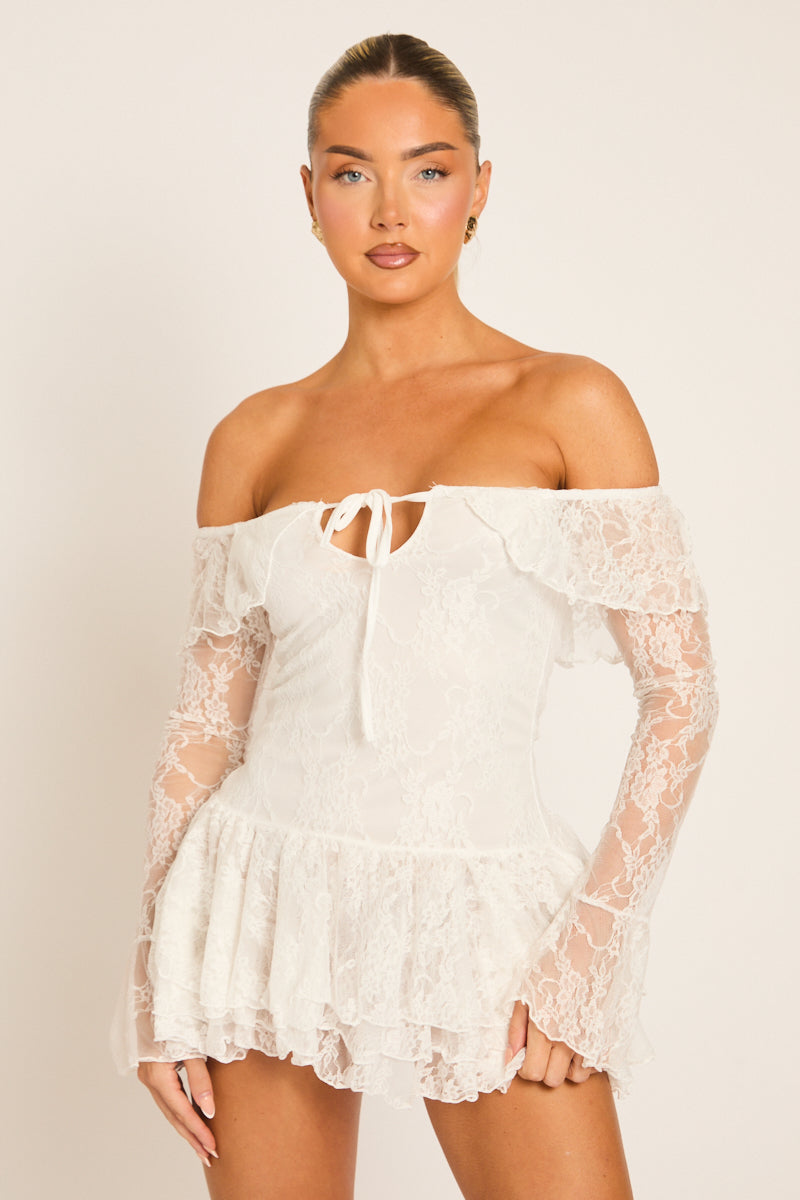 White Lace Bardot Frill Mini Dress - Norelle