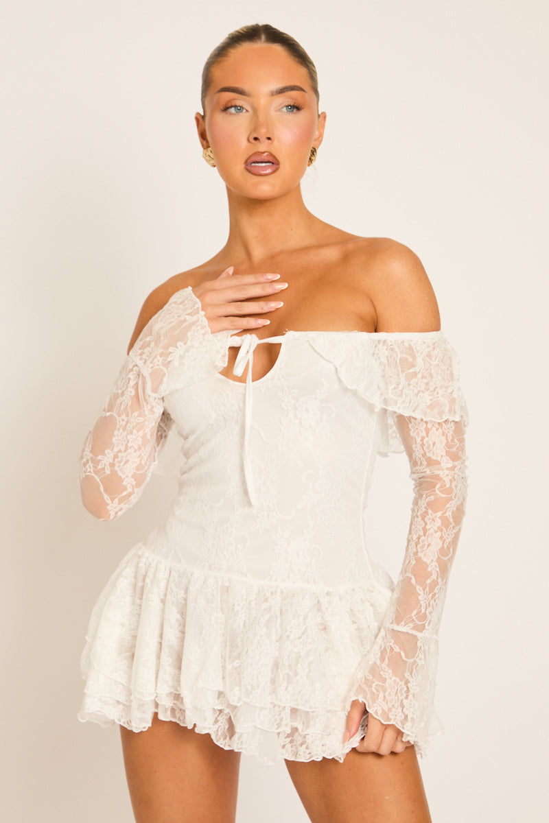 White Lace Bardot Frill Mini Dress - Norelle