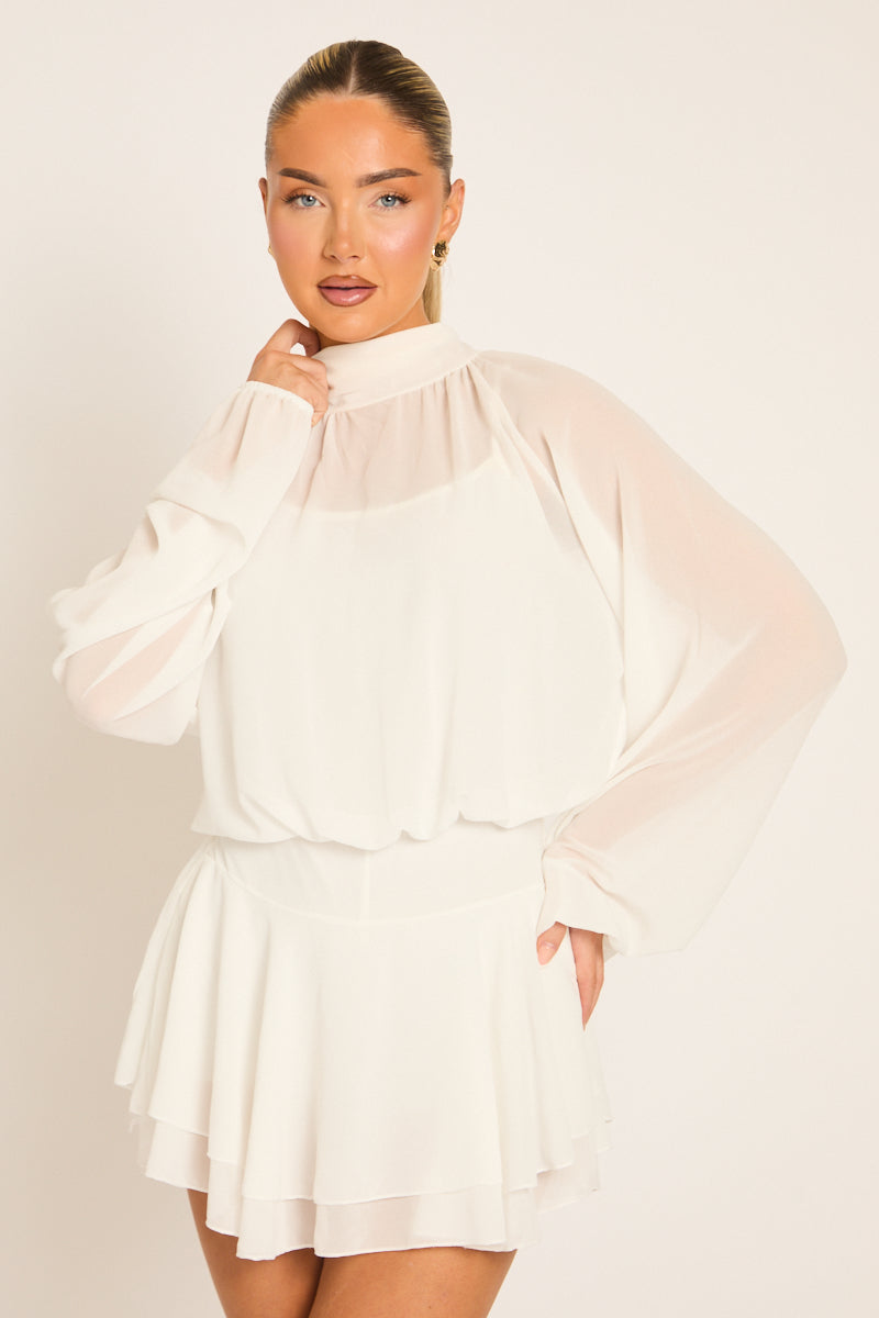 Cream Blouson Ruffle Playsuit - Mayna