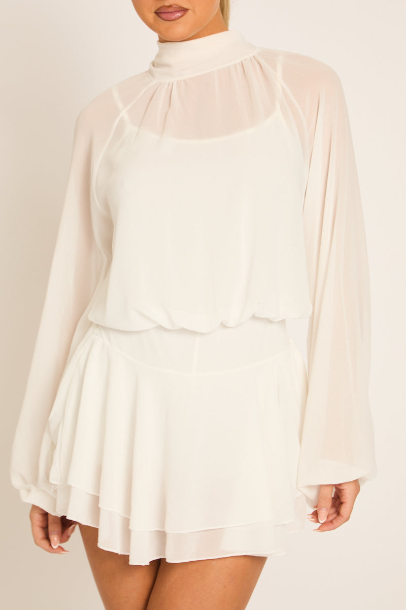 Cream Blouson Ruffle Playsuit - Mayna