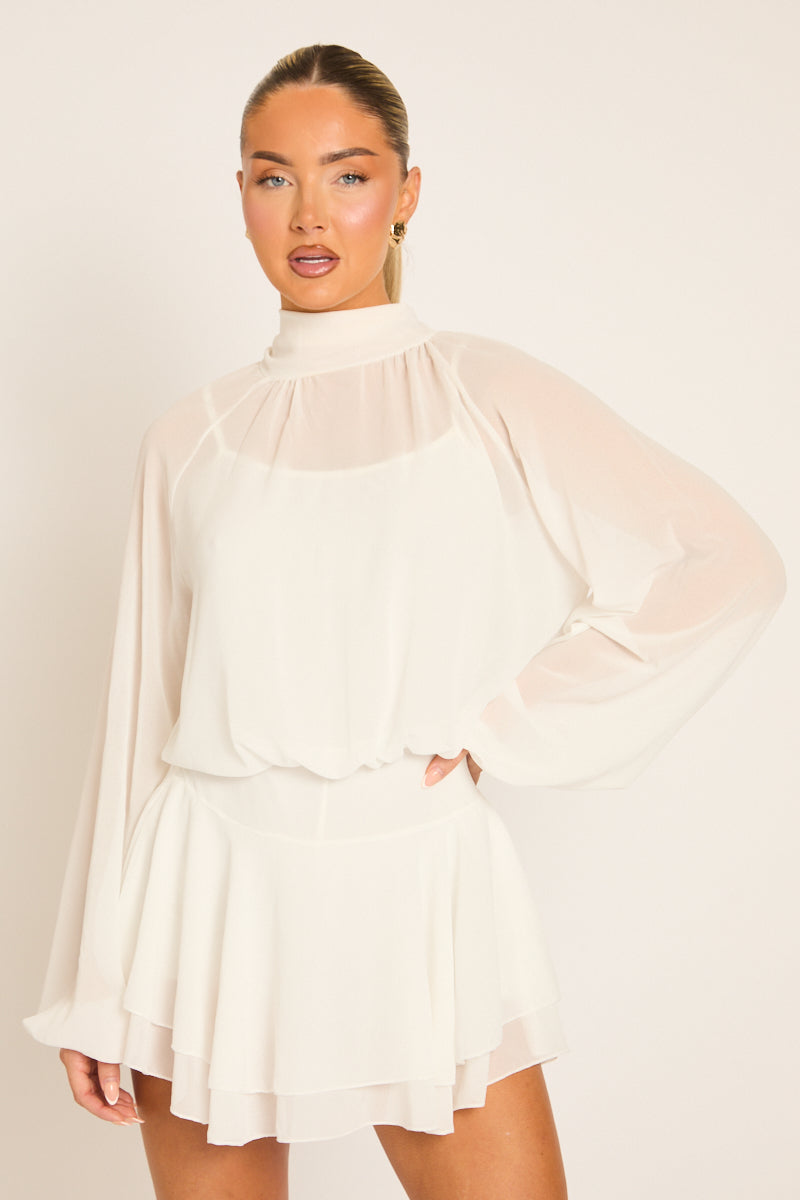 Cream Blouson Ruffle Playsuit - Mayna