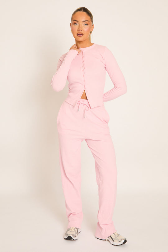Pink Button Front Long Sleeve Top and Trouser Loungewear Co-ord Set - Izzabelle