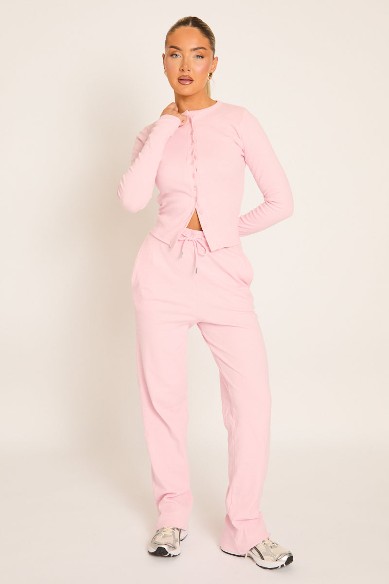 Pink Button Front Long Sleeve Top and Trouser Loungewear Co-ord Set - Izzabelle