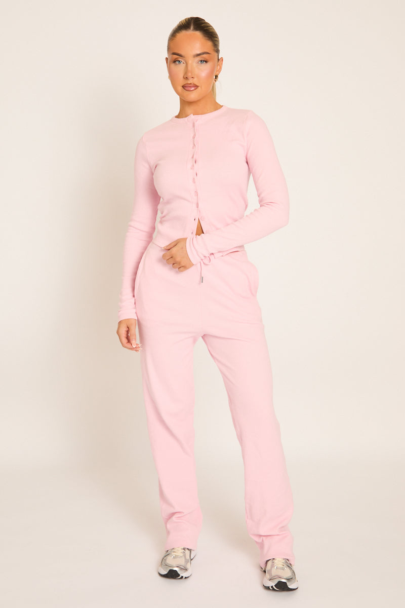 Pink Button Front Long Sleeve Top and Trouser Loungewear Co-ord Set - Izzabelle