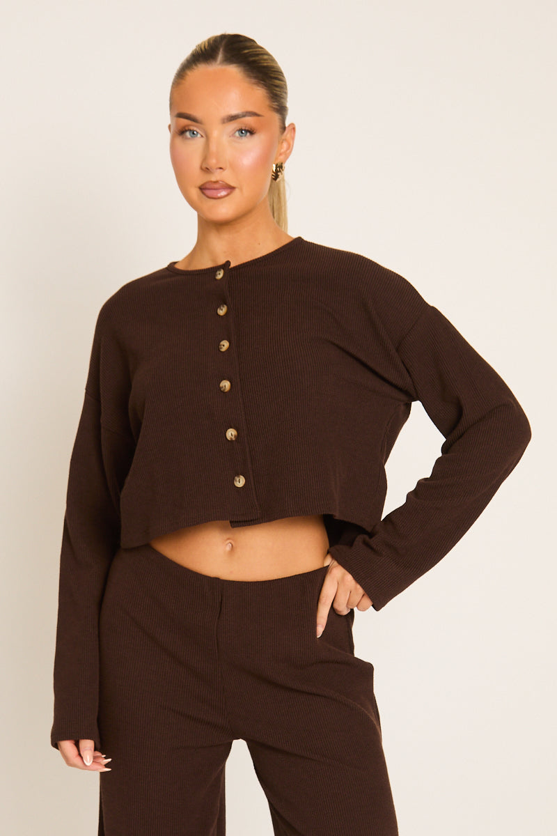Chocolate Rib Boxy Button Down Loungewear Co-ord Set - Larina