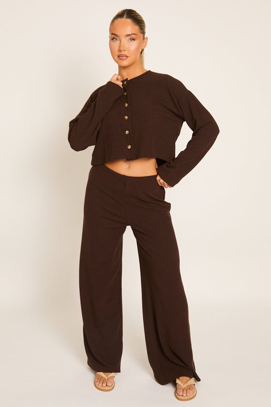 Chocolate Rib Boxy Button Down Loungewear Co-ord Set - Larina