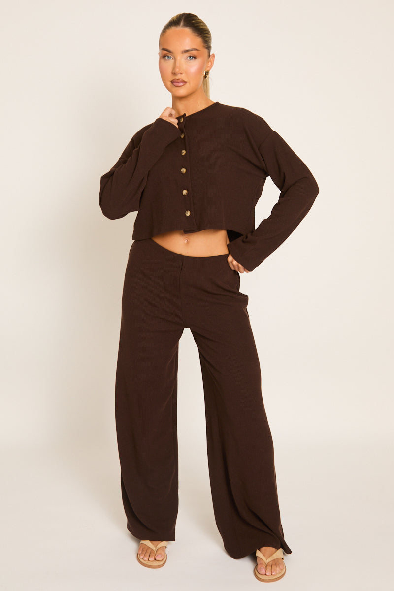 Chocolate Rib Boxy Button Down Loungewear Co-ord Set - Larina