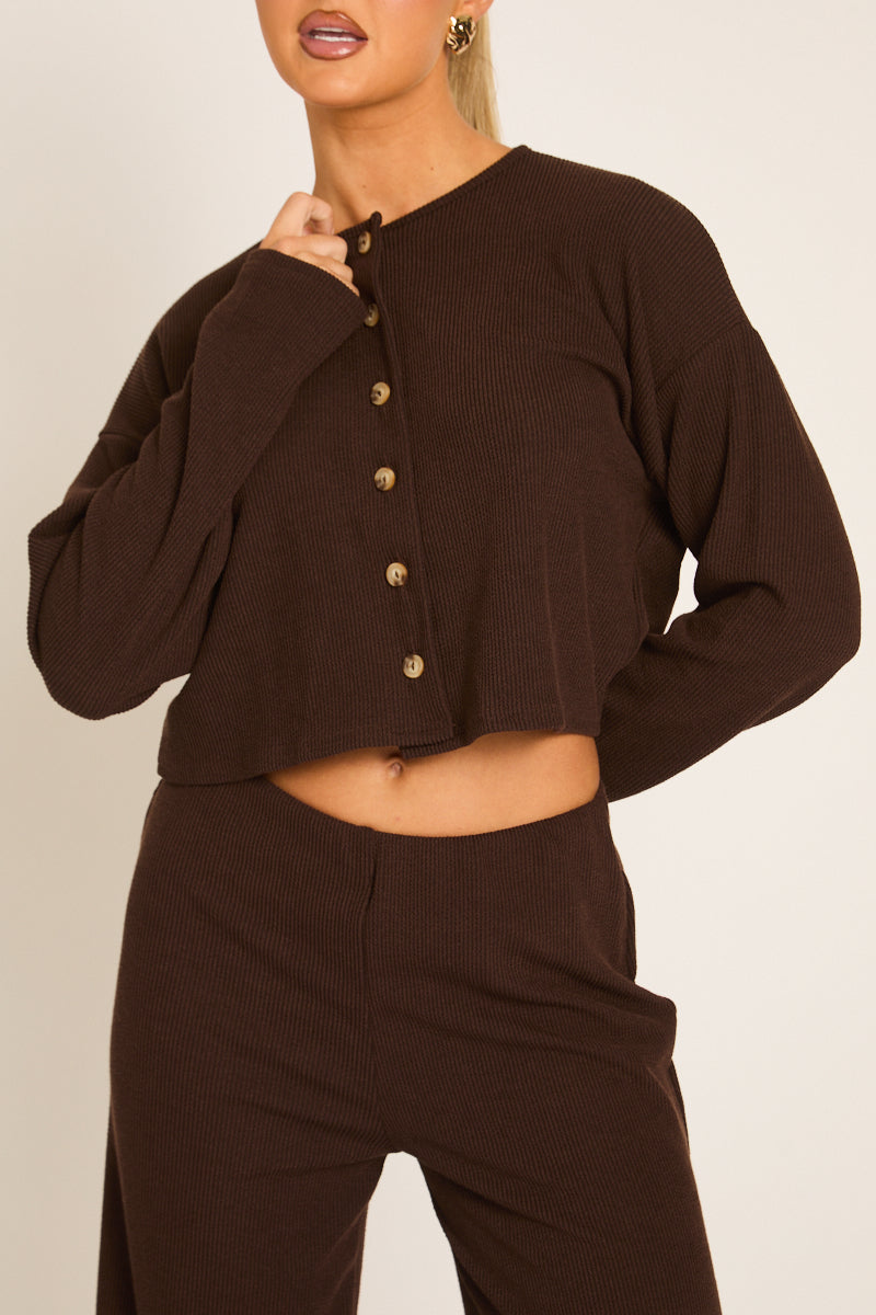 Chocolate Rib Boxy Button Down Loungewear Co-ord Set - Larina