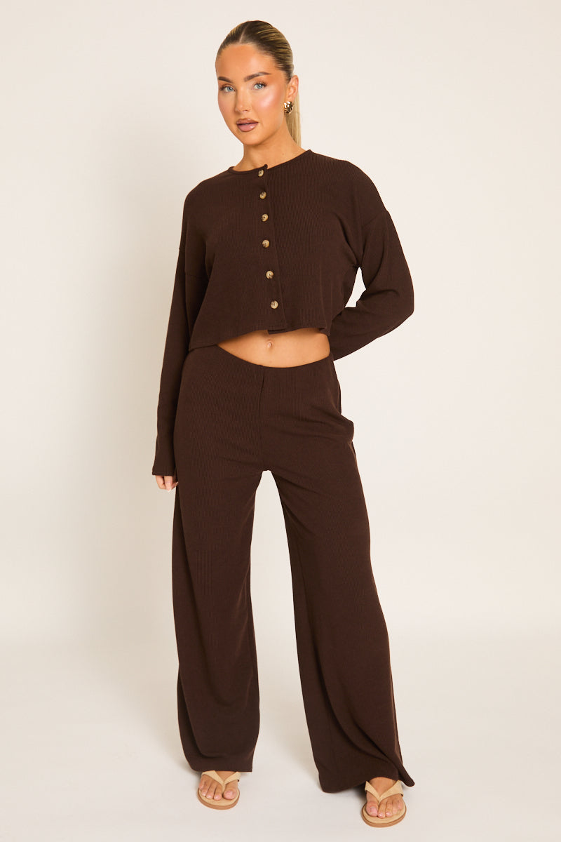 Chocolate Rib Boxy Button Down Loungewear Co-ord Set - Larina