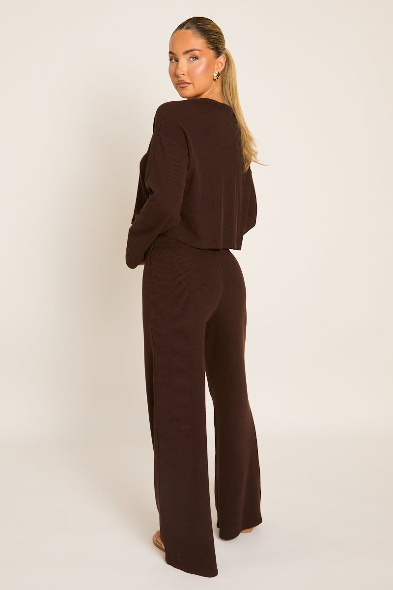 Chocolate Rib Boxy Button Down Loungewear Co-ord Set - Larina